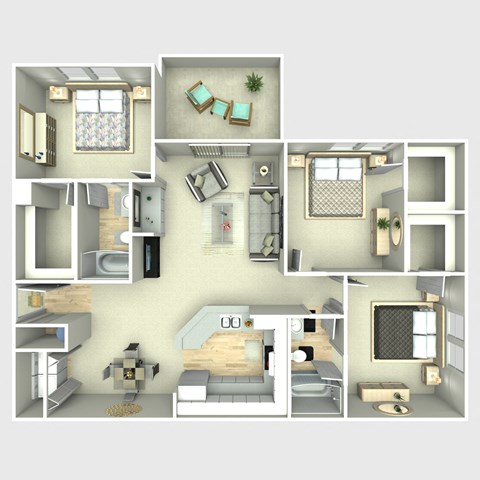 Floor plan for 3 beds, 2 baths, 1280 sqft